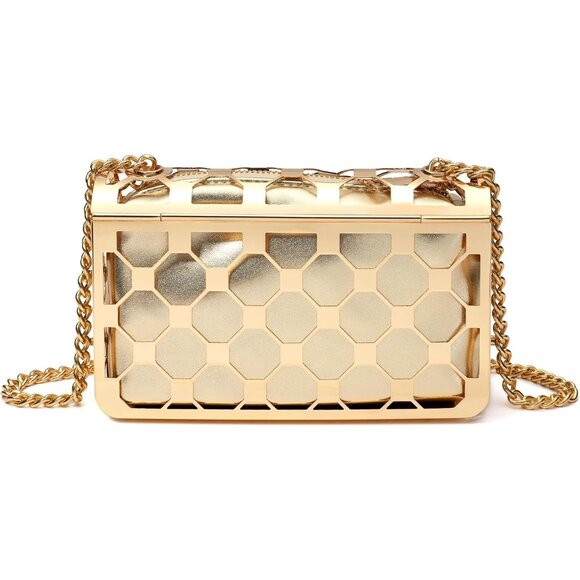 ⚡ Women\'s Gold Evening Elegant Exquisite Metal Hollow Clutch Crossbody Handbag